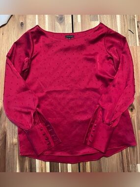 Ann Taylor Ruby Red Satin Long-Sleeve Blouse Textured Dot